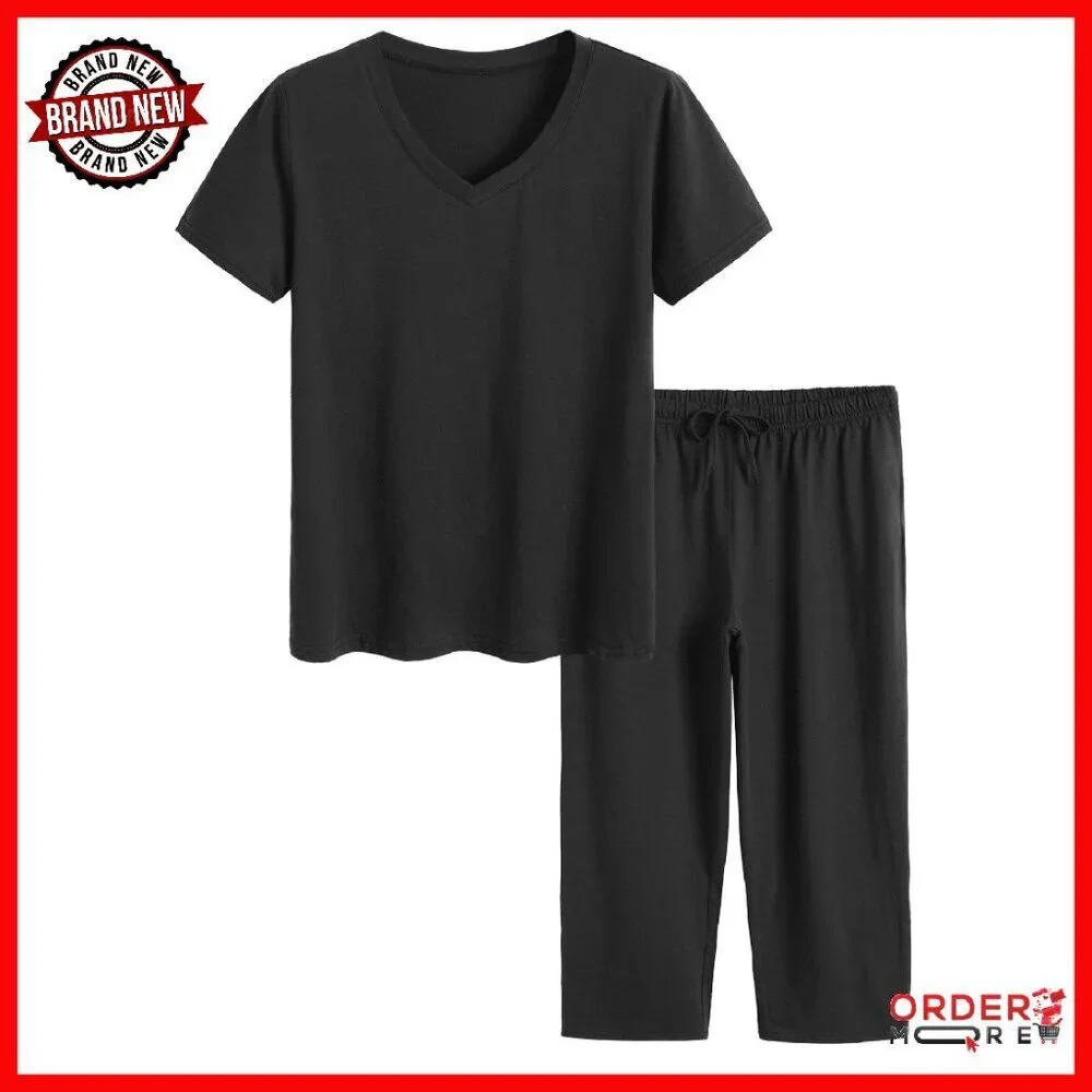 Soft Cotton Pajama Set V-Neck Tee Capri Pants Lounge Sleepwear